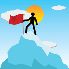Business concept. ฺBlack cartoon attendant stands on a mountain holding a red flag.. with nature of blue sky and sunset. Prepare for shows the finish line or the purpose of success.