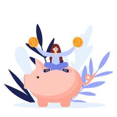 Girl sitting on piggy bank, holding coins, concept of saving money, currency.Flat vector illustration isolated on white background. Can use for web banner, infographics, web page..