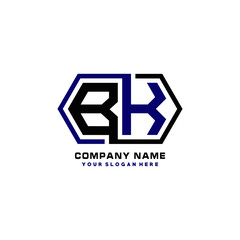 BK initial letters looping linked hexagon elegant logo color blue, black, yellow