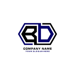 BD initial letters looping linked hexagon elegant logo color blue, black, yellow