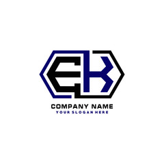 EK initial letters looping linked hexagon elegant logo color blue, black, yellow