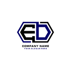 ED initial letters looping linked hexagon elegant logo color blue, black, yellow