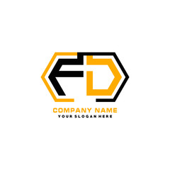 FD initial letters looping linked hexagon elegant logo color blue, black, yellow
