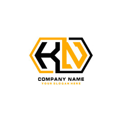 KN initial letters looping linked hexagon elegant logo color blue, black, yellow