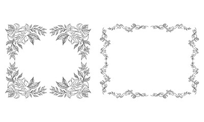 Tropical hand-drawn floral rectangular shaped frames. Outline set. Jungle illustration. Floral set. Vector isolated collection. Natural spring wedding card. Summer tropical leaf. Botanical frames