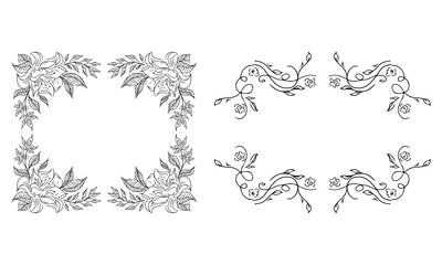 Tropical hand-drawn floral rectangular shaped frames. Outline set. Jungle illustration. Floral set. Vector isolated collection. Natural spring wedding card. Summer tropical leaf. Botanical frames - 293490777