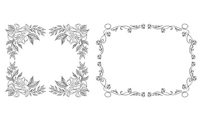 Tropical hand-drawn floral rectangular shaped frames. Outline set. Jungle illustration. Floral set. Vector isolated collection. Natural spring wedding card. Summer tropical leaf. Botanical frames