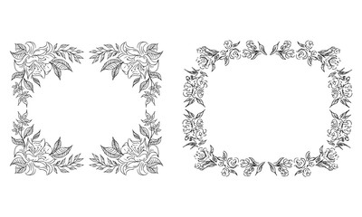 Tropical hand-drawn floral rectangular shaped frames. Outline set. Jungle illustration. Floral set. Vector isolated collection. Natural spring wedding card. Summer tropical leaf. Botanical frames