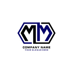 MM initial letters looping linked hexagon elegant logo color blue, black, yellow