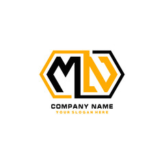 MN initial letters looping linked hexagon elegant logo color blue, black, yellow