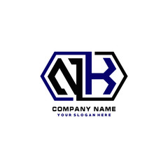 NK initial letters looping linked hexagon elegant logo color blue, black, yellow