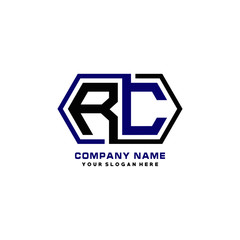 RC initial letters looping linked hexagon elegant logo color blue, black, yellow