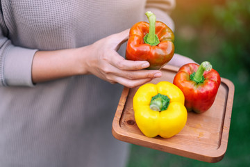 A woman holding a fresh bell peppers in a wooden tray
