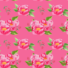 seamless pattern with pink  peony flowers and leaves