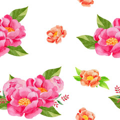 set of flowers, watercolor hand drawn peony seamless pattern 