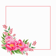 frame with  pink peony flowers and leaves