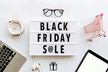 Creative promotion composition Black friday sale text on lightbox on white background, next grocery...