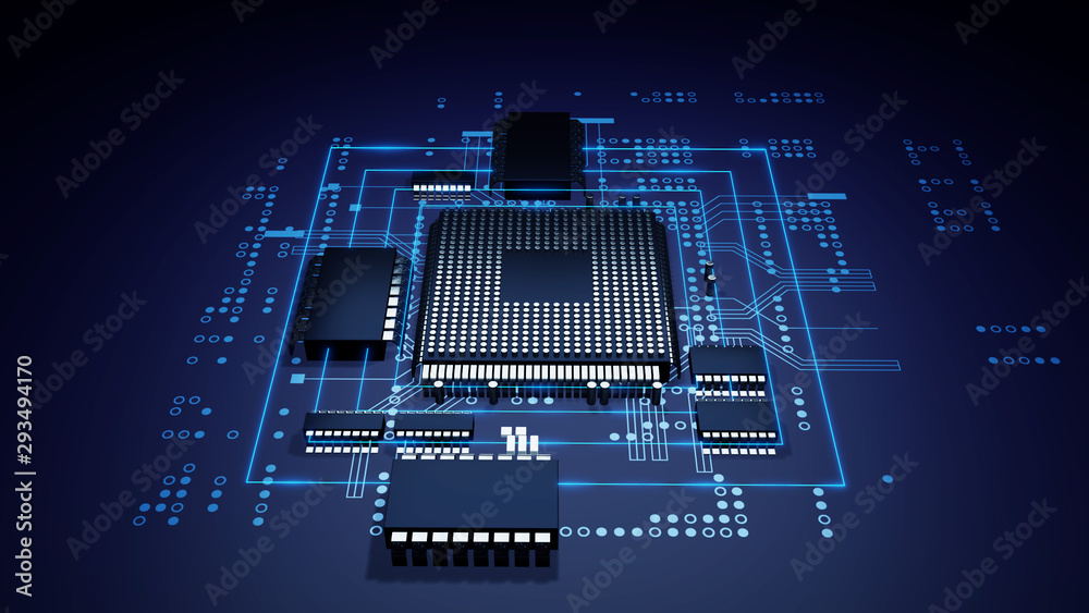 Poster 3d rendering  of futuristic blue circuit board and cpu