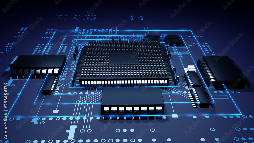 Aufkleber 3d rendering  of futuristic blue circuit board and cpu