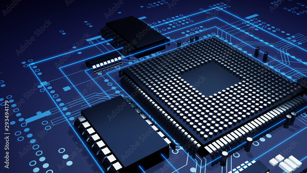 Aufkleber 3d rendering  of futuristic blue circuit board and cpu