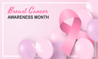 Breast cancer awareness month symbol emblem. Design with pink ribbon and balloons on soft pink background. vector.