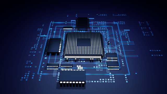 3d Rendering  Of Futuristic Blue Circuit Board And Cpu