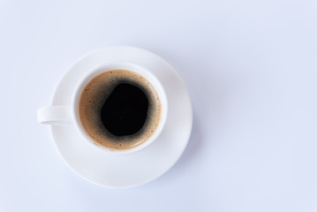 Top view of hot coffee and foam in white cup isolated on white background and copy space.Coffee menu in the coffee shop or restaurant.