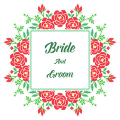 Invitation card of bride and groom, with element of red rose flower frame. Vector