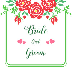 Invitation card of bride and groom, with element of red rose flower frame. Vector