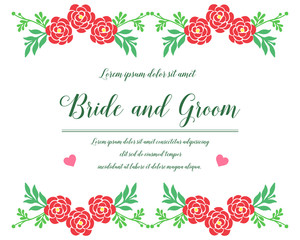 Design template for bride and groom, with abstract red rose flower frame. Vector