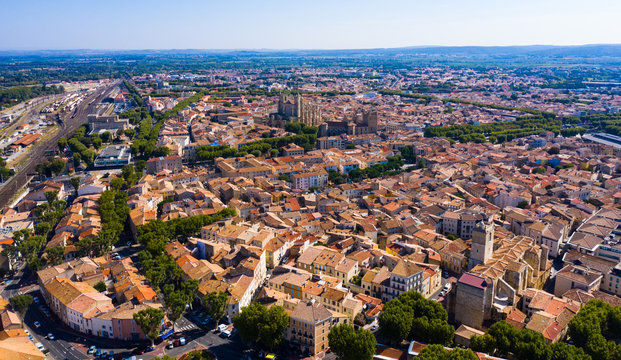 Aerial view of  district of Narbonne with apartment buildings