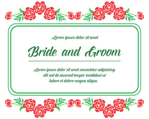Design template for bride and groom, with abstract red rose flower frame. Vector