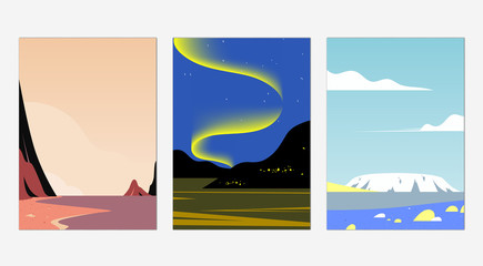 Minimalist landscape poster design, beach, aurora and snow mountain