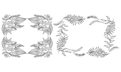 Tropical hand-drawn floral rectangular shaped frames. Outline set. Jungle illustration. Floral set. Vector isolated collection. Natural spring wedding card. Summer tropical leaf. Botanical frames