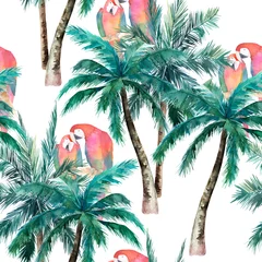 Tapeten Papagei Nahtloses Muster des Sommers mit Aquarellpapagei, Palmen. Handgezeichnete Abbildung