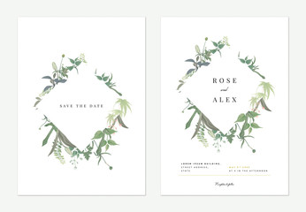 Flowers and foliage wedding invitation card template design, diamond frame decorated with various green leaves and flowers on white