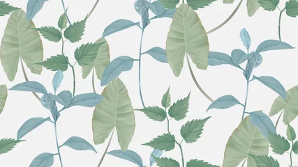 Muurstickers Foliage seamless pattern, various leaves in green on light grey, pastel vintage theme © momosama