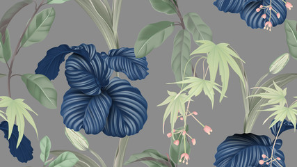 Nahtloses Muster mit Blumen und Blättern, verschiedene Blätter und Blumen in Grün auf grauem, pastellfarbenem Vintage-Thema