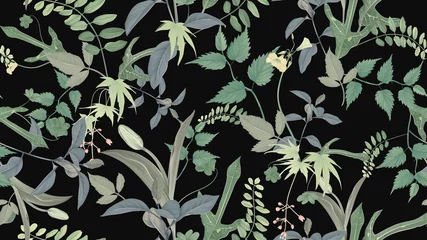 Gordijnen Flowers and foliage seamless pattern, various leaves and flowers in green on dark grey, pastel vintage theme © momosama