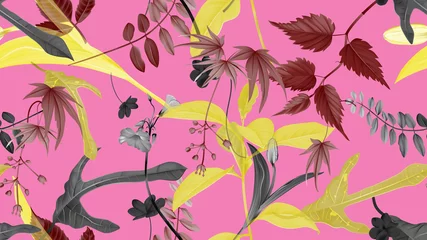 Poster Flowers and foliage seamless pattern, various leaves and flowers in yellow, dark red and black on pink © momosama