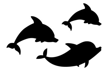 Illustration of Black isolated silhouette of 3 dolphins jumping on white background.