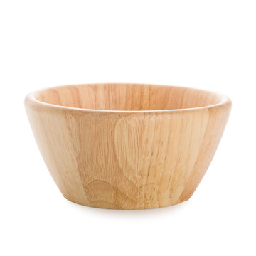 Wooden bowl, that made from rubberwood for being a food container, isolated on white background with clipping path.