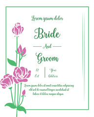 Cute frame with purple flower and green leaves, for decoration of template bride and groom. Vector