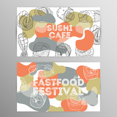 Design set sushi cafe. Japanese Restaurant brochure,flyer.Hand drawn graphic.