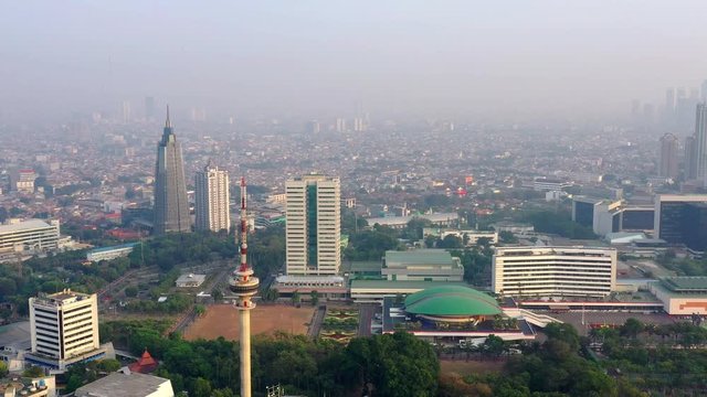Aerial View of DPR MPR Complex in Jakarta, showing manggal wanabakti and TVRI tower. Panning Motion