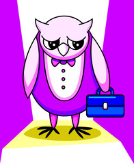 The angry owl came home from work with a big suitcase. A colourful character in a modern cold violet color scheme. The head, wings, legs, and torso are separated in different groups