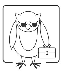 Line art icon with angry owl on with big suitcase. All of the layers are merged in one line. Upset owl came home from the school with a big briefcase. 