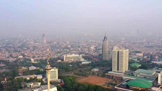 Aerial View of DPR MPR Complex in Jakarta, showing manggal wanabakti and TVRI tower. Panning Motion