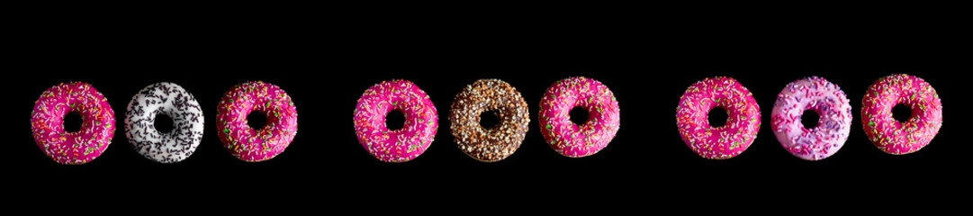 top view donuts pattern on a black background banner