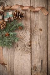 Christmas decorations on old wooden background